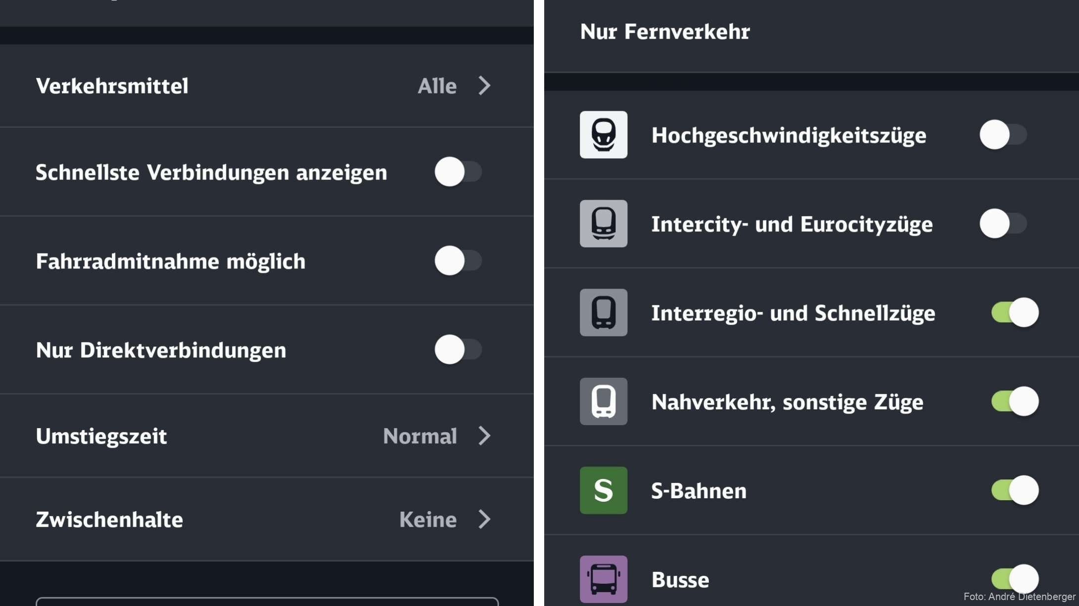 DB Navigator Verbindungssuche - Optionen