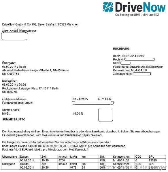 DriveNow ActiveE Berlin Rechnung