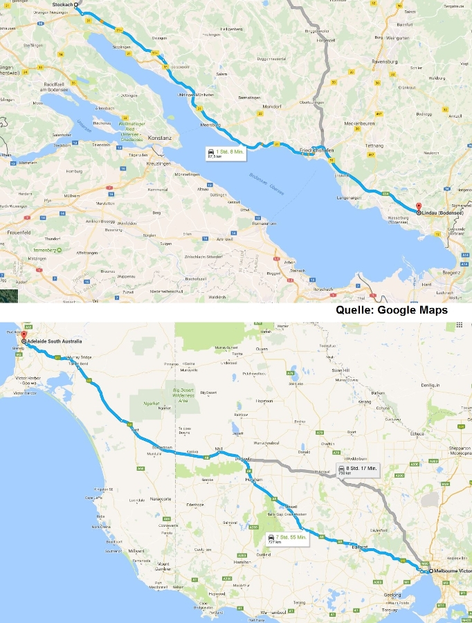 Entfernungen DE / AUS (Quelle: Google Maps)