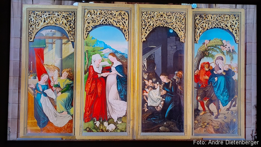 Freiburger Hochaltar, Außenansicht, Weihnachtstafeln, Vier Szenen aus dem Leben der Maria (1516)