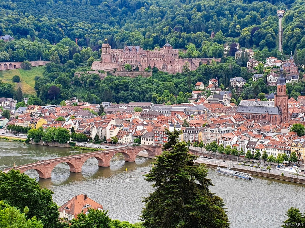 Blick auf Neckar, Schloss, Alte Brücke und Bergbahn